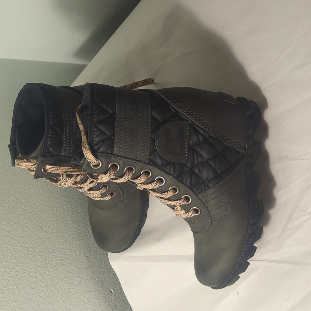 Sorel Lexie Wedge Lace Up Waterproof Leather Boot Dark Slate/Camp